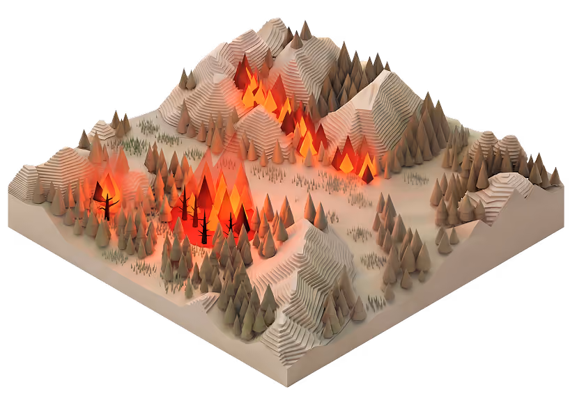 Close-up view of an active fire spot within the terrain model