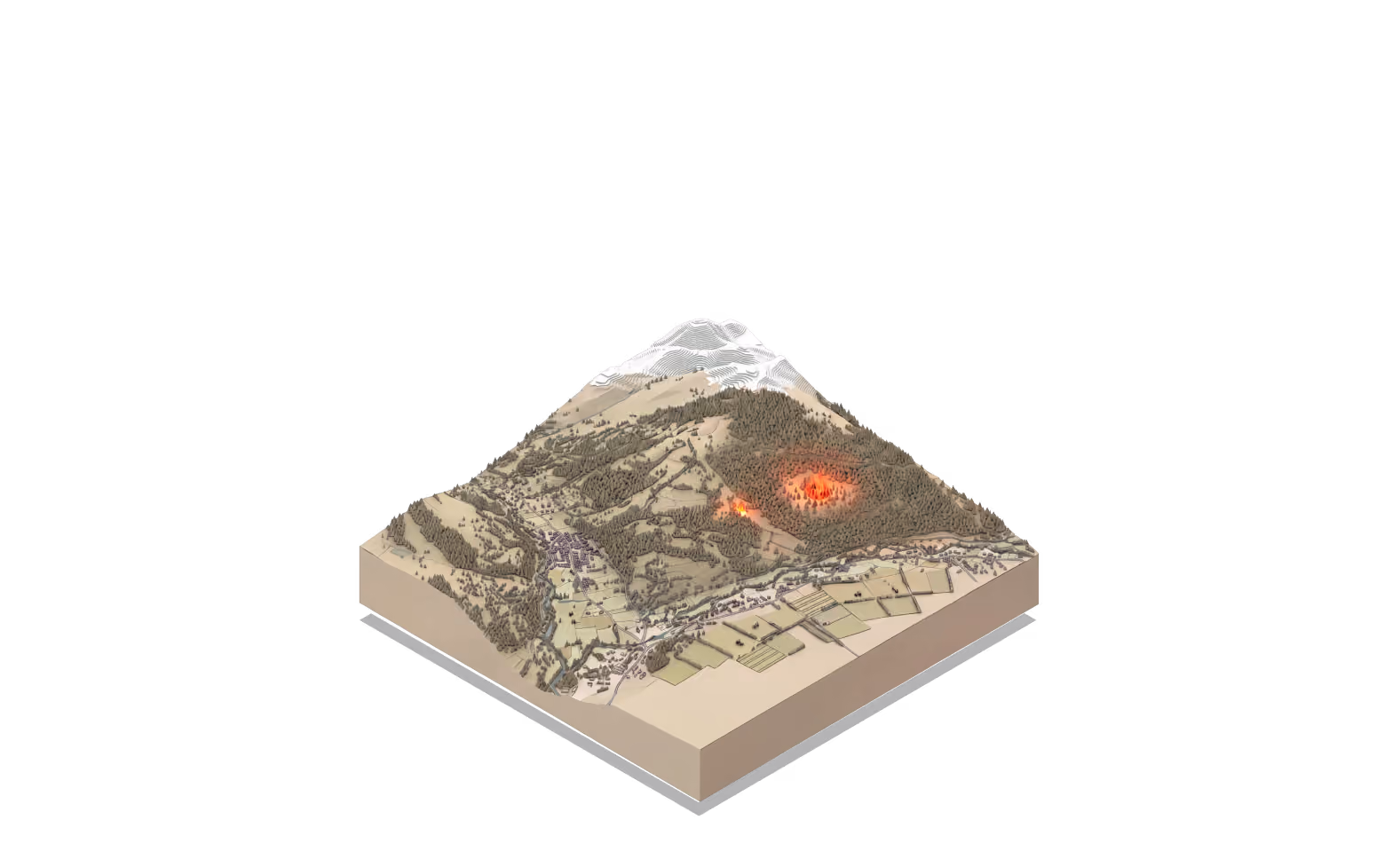 3D terrain map showing a mountain with forests, villages, and two fire spots on its slope.
