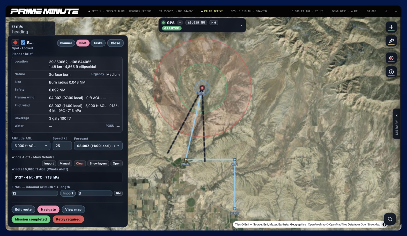 Pilot view showing the mission planner brief, winds aloft, and flight route to the drop point